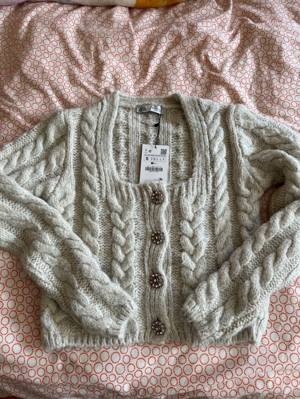 NWT. Zara Cream Cable-Knit Cropped Cardigan with Jeweled Buttons